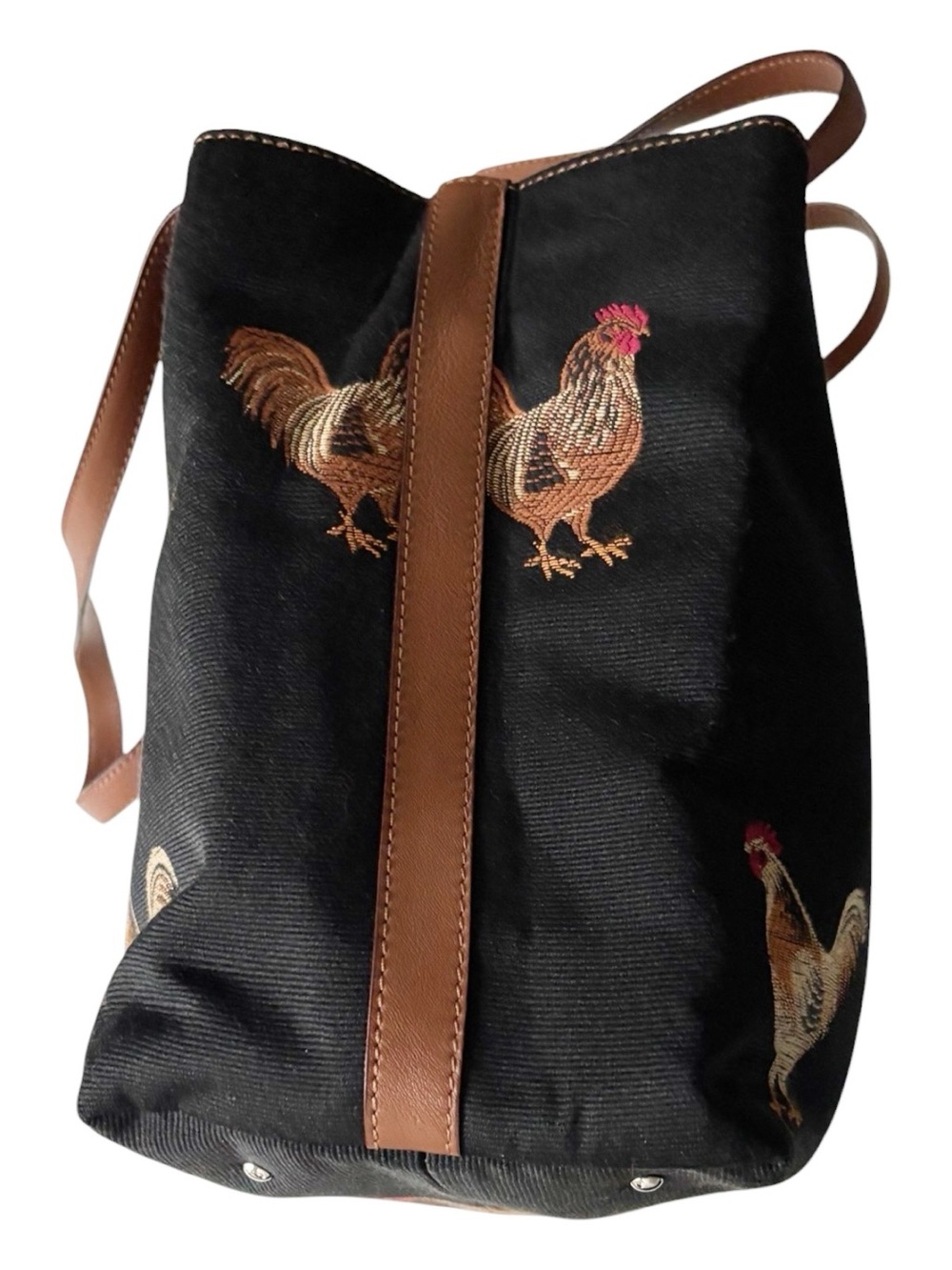 Talbots vintage black woven embroidered roster shoulder tote bag with brown trim - Picture 9 of 15
